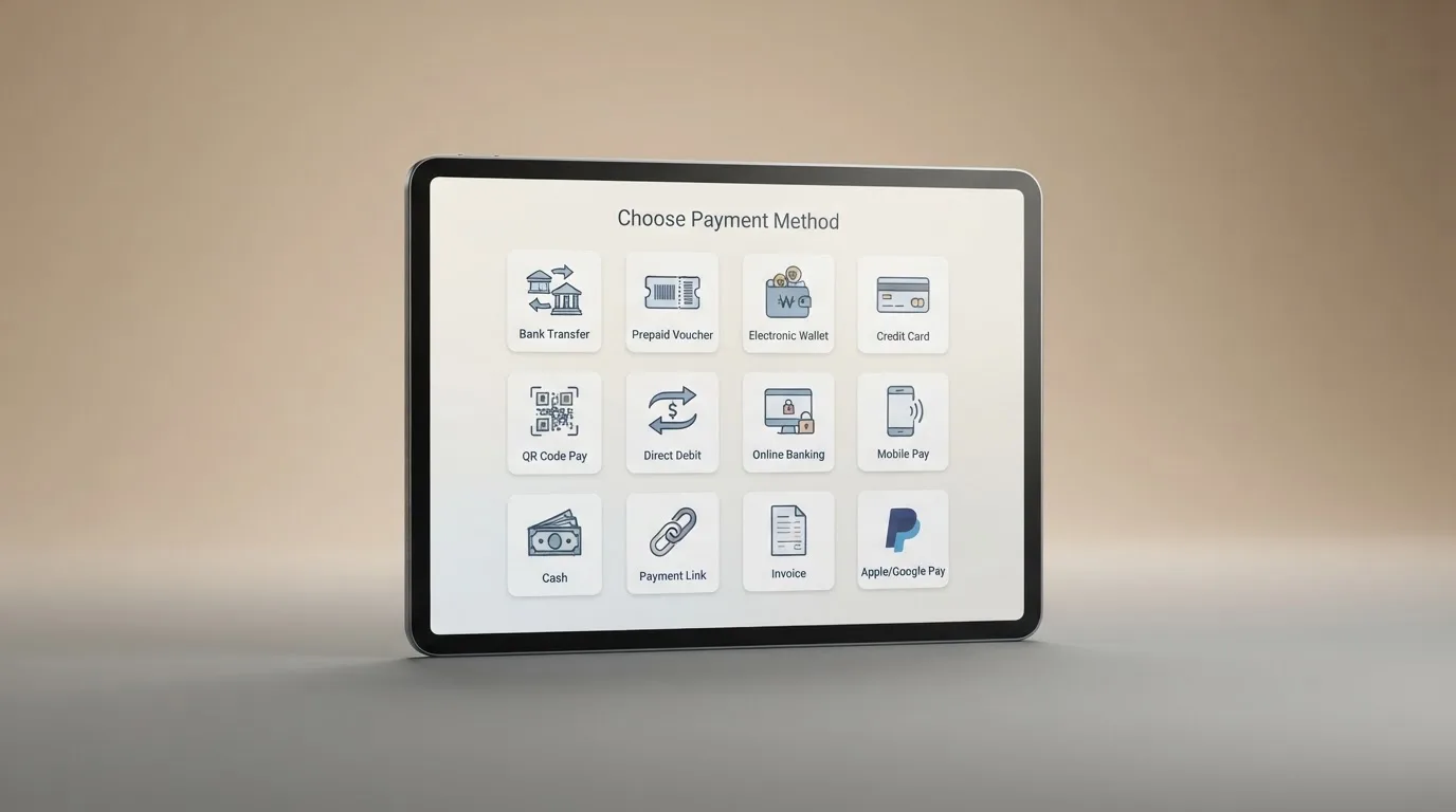Aufgeklapptes Tablet mit einer Übersicht verschiedener Zahlungssymbole auf einem Schreibtisch.
