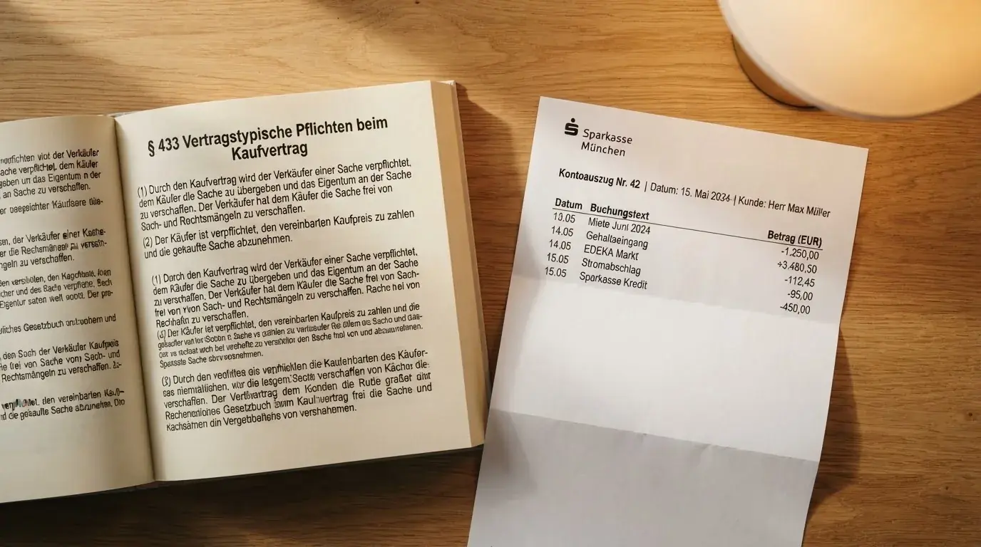 Nahaufnahme eines Gesetzestextes neben einem Bankauszug auf einem Tisch.