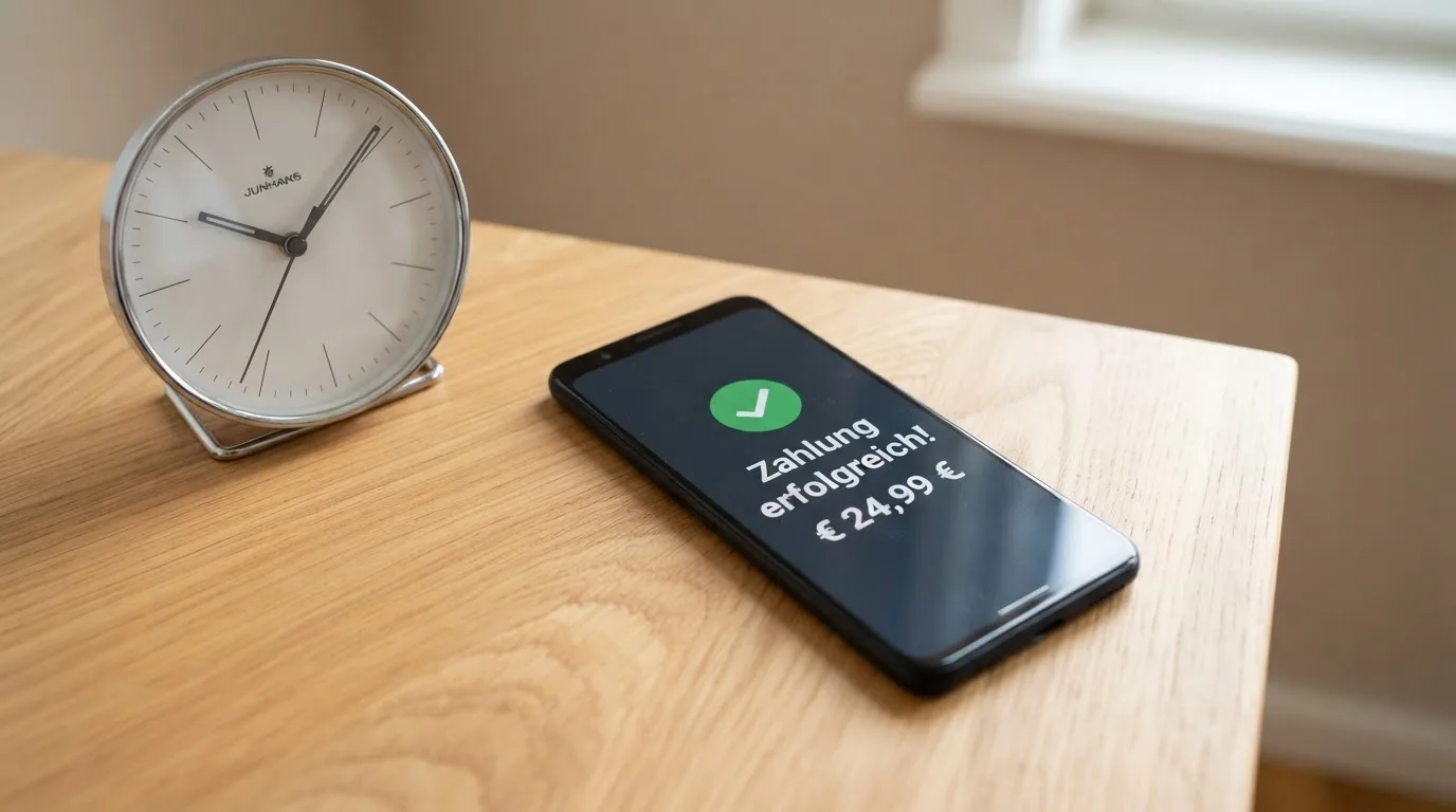 Uhr neben einem Smartphone mit einer Zahlungsbestätigung auf dem Bildschirm.